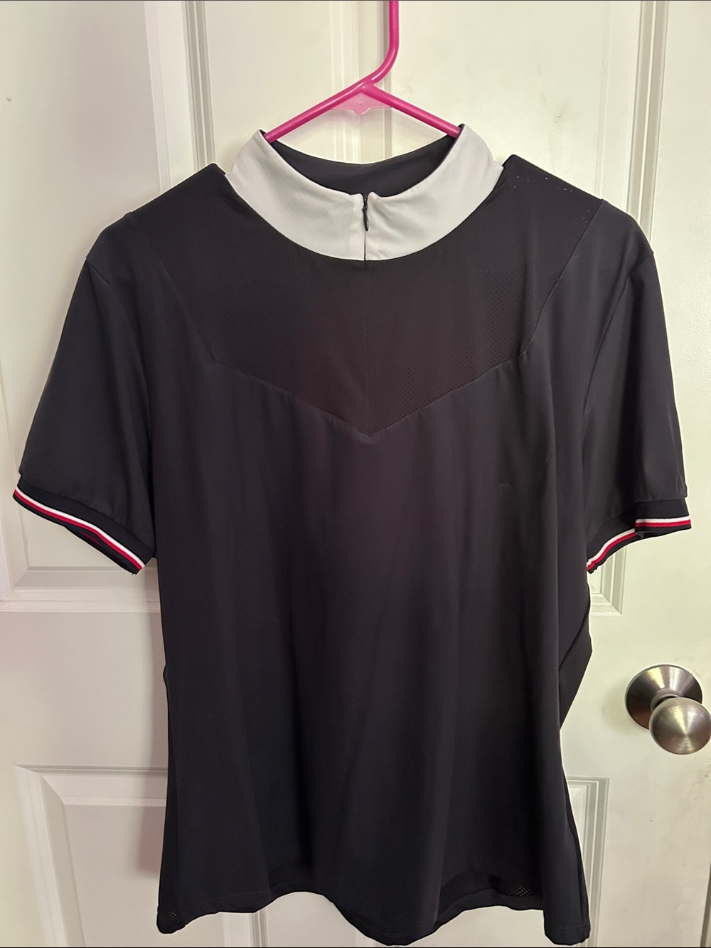 Navy Short-Sleeve Equestrian Show or  training Blouse with White Mock Collar